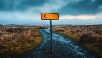 The photograph shows a yellow directional sign indicating a left turn situated beside a gravel road that curves gently through a field of tall, brown grass under a cloudy sky.