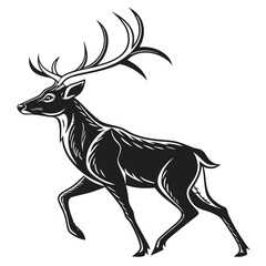 Obraz premium Majestic black stag with large antlers in a dynamic pose on a white background symbolizing nature and wildlife