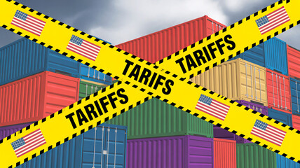 Stacked shipping containers, yellow-black warning tape diagonally crossing scene