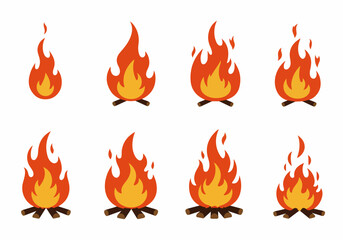 Flat design bonfire and campfire illustration set with varying flame shapes on wood logs, perfect for outdoor, camping, and warmth-related themes.
