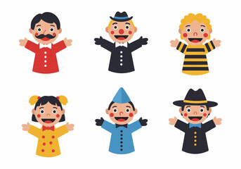 Diverse collection of happy cartoon hand puppets for children's entertainment, storytelling, and educational content, isolated on white.