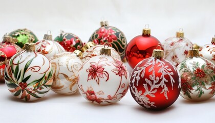 The image shows a collection of Christmas tree ornaments in various shades of red, green, and white, each with unique floral or leaf patterns.