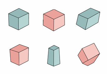 Minimalist flat design 3D geometric shapes collection. Abstract outlined cubes and cuboids in pastel teal and coral on white background for modern graphic projects.