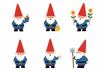 Collection of six whimsical cartoon garden gnomes with red hats and white beards, engaged in various activities like gardening, harvesting, and welcoming, on white background.