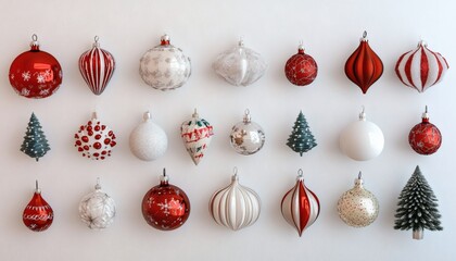 The image shows an arrangement of red and white Christmas tree ornaments, along with small artificial pine trees, displayed against a white background.