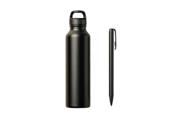 Matte black water bottle and pen