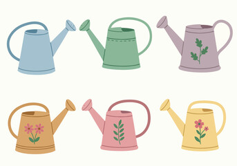 Collection of Six Pastel-Colored Watering Cans with Floral and Leaf Designs for Gardening and Home Decor, a Charming Illustration on White Background © Nafa Project