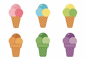 Collection of Six Colorful Ice Cream Cones with Multiple Scoops in a Flat Design Style, Perfect for Summer Treats and Dessert Concepts