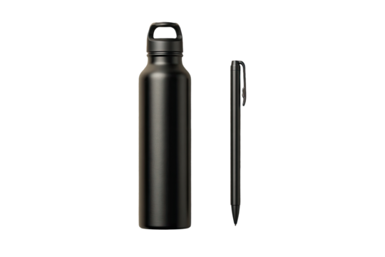 Matte black water bottle and pen