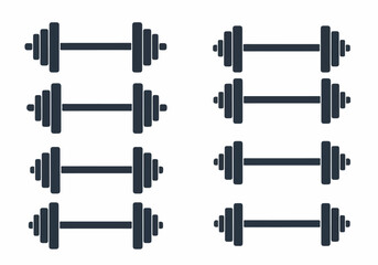 Collection of eight dark grey minimalist dumbbell icons on a white background, symbolizing fitness, weightlifting, and strength training.