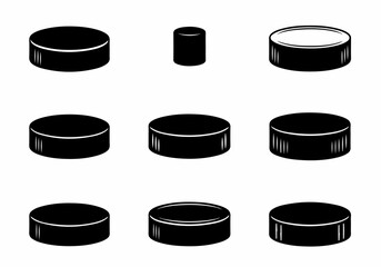 Set of black hockey pucks and cylindrical shapes, presented as graphic icons on a white background, in various orientations and views.
