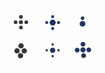Abstract geometric circle icons and symbols in dark grey and blue, representing concepts of connection, community, and focus on a clean white background.