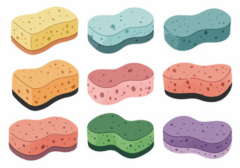 Colorful cartoon cleaning sponges set for household chores and kitchen washing. Vector illustration of various multi-layered foam scrubbers in vibrant hues for hygiene and dishwashing.
