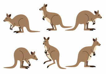 Set of six cartoon kangaroos in various poses, including jumping and standing, depicted in a flat design illustration style on a white background.