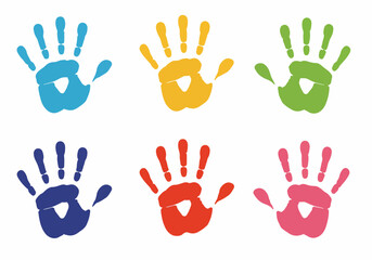 Obraz premium Colorful handprints in a vibrant display, symbolizing creativity, childhood, diversity, and playful collaboration on a clean white background.