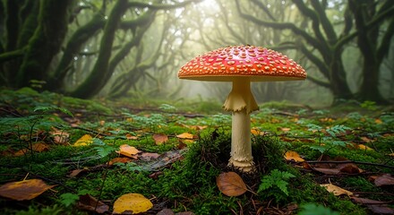 Vibrant red fly agaric mushroom in a magical misty forest.