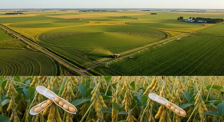 Soybean field with irrigation system and close-up of soybean pods.