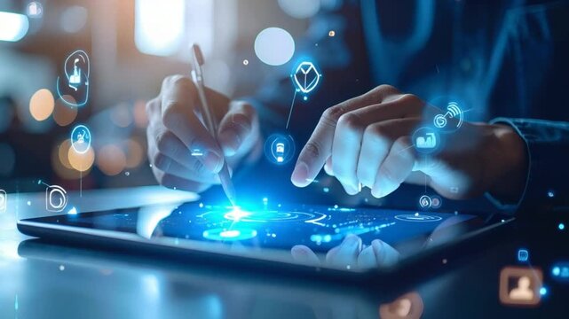 Hands using tablet digital interface - Powered by Adobe