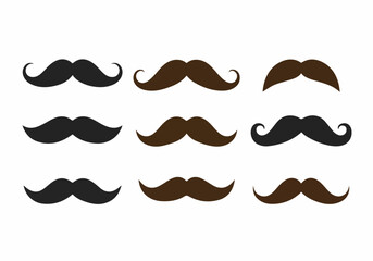 A diverse collection of black and brown mustache styles, including vintage and curly designs, perfect for costume themes and graphic elements.
