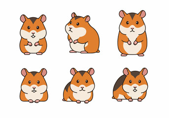 Fototapeta premium Cute cartoon hamsters illustration set in various poses, isolated on a white background, perfect for children's designs and pet-related content.