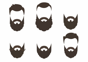 Collection of diverse male beard and hair styles in flat design illustration on white background, showcasing various fashionable grooming options for men.