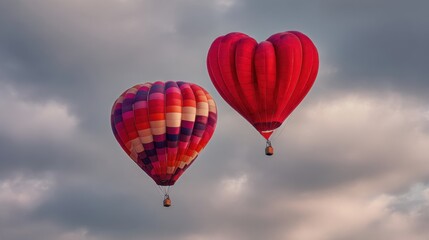 Obraz premium Two distinct hot air balloons rise gracefully against a backdrop of soft, cloudy skies during a festival at dawn, creating a picturesque and serene atmosphere.