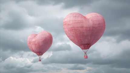 Fototapeta premium Two heart-shaped hot air balloons gently ascend into a cloudy sky, creating a whimsical atmosphere during a festive event. The colorful balloons capture the essence of joy and love.