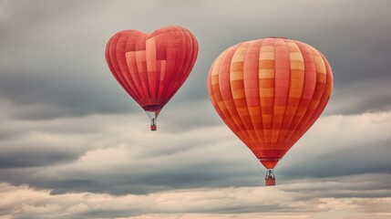 Obraz premium Two vibrant hot air balloons, one shaped like a heart, glide through a cloudy sky during a festival. The colors pop against the solemn backdrop, creating a stunning visual display.