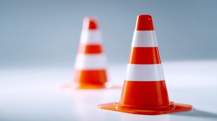 Two traffic cones stand closely together on a flat surface. They are bright orange with white stripes. Used for safety and direction in construction zones. Ideal for safety themes. AI