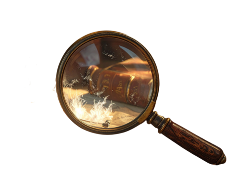 Classic Magnifying Glass with Old Books and Feather Pen isolated on transparent background PNG