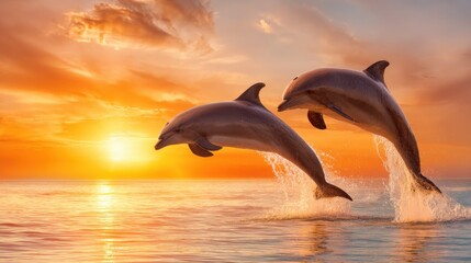 Fototapeta premium Two dolphins are leaping gracefully from the water, silhouetted by a vibrant sunset. The tranquil ocean reflects warm hues of orange and pink, creating a beautiful natural spectacle.