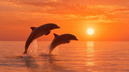 Fototapeta premium Two dolphins jump gracefully out of the water, silhouetted against a stunning orange and yellow sunset. The tranquil ocean reflects the colorful sky, creating a serene atmosphere.