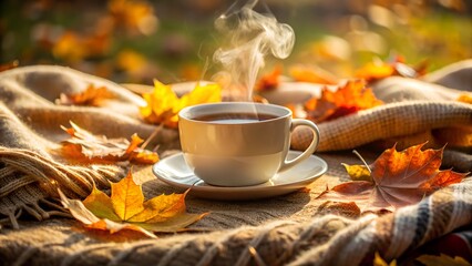 Enjoy a comforting cup of coffee surrounded by vibrant autumn leaves and cozy blanket warmth