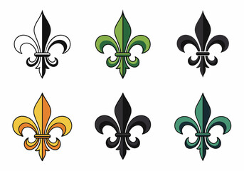 Set of Six Fleur de Lis Symbols in Various Styles and Colors: Classic Black and White, Green, Gold, and Modern Flat Designs, Ideal for Heraldic or Decorative Use