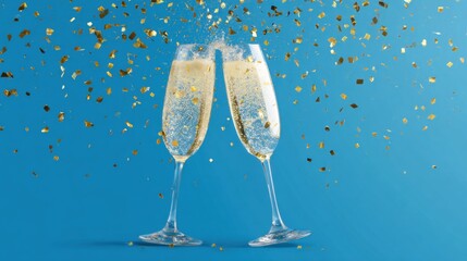 Two elegant glasses filled with sparkling beverages clink together amidst a shower of golden confetti against a vivid blue backdrop, creating a festive atmosphere.