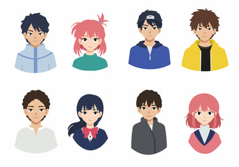 Diverse group of young cartoon characters, male and female, in various casual and semi-formal attire, depicted as colorful avatars in a modern flat design style illustration.