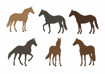 Collection of Six Stylized Horse Silhouettes in Various Poses, Illustrating Different Gaits and Colors on a Clean White Background.