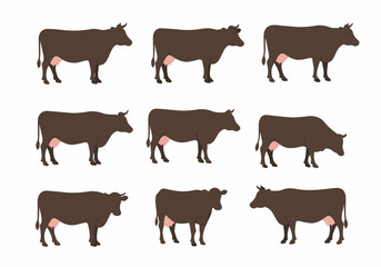 Set of Nine Illustrated Dark Brown Dairy Cows in Various Poses, Ideal for Farm and Livestock Themes