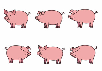 Collection of Six Happy Cartoon Pink Pigs in Various Poses