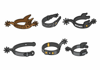 A collection of six detailed illustrations of various horse spurs, featuring Western-style designs and different metallic finishes, perfect for equestrian themes.
