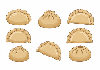 Collection of cartoon illustrations featuring various types of Asian and international dumplings like gyoza, potstickers, and steamed buns on a white background.