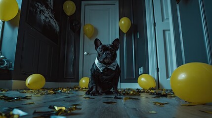 Stylish dog in a party room with scattered confetti and balloons.