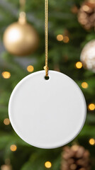 Ceramic Christmas ornament for mockup showcasing a blank white decoration hanging among festive lights and decorations, perfect for holiday creativity and design concepts