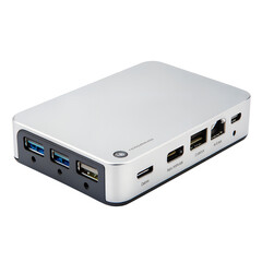 Silver mini pc with multiple ports isolated on transparent background, a compact and versatile computing device