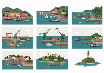 Collection of vibrant flat design illustrations showcasing picturesque coastal towns, busy harbors with boats, industrial ports, and a serene lighthouse.
