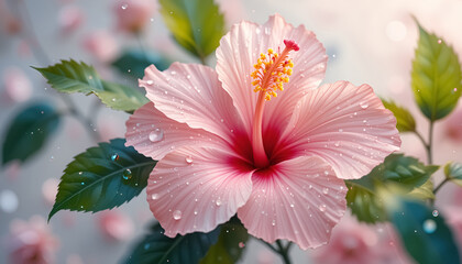 ai generator pink hibiscus flower with water drops in soft pastel tones for wedding invitation card design.