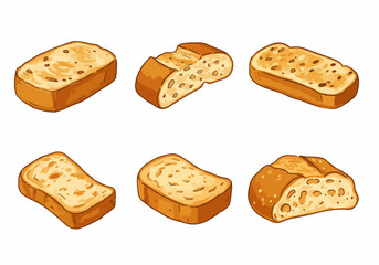 Cartoon vector illustration set featuring various types and slices of bread, perfect for bakery, food, and breakfast designs.