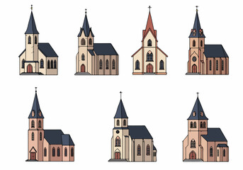 Fototapeta premium Collection of various stylized cartoon churches with spires and crosses, suitable for religious or architectural themes, isolated on white background.