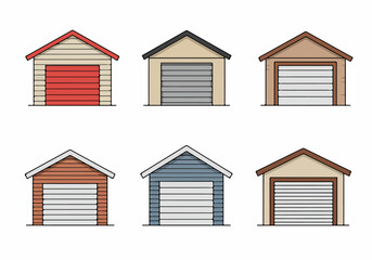 Collection of Six Cartoon Garages and Sheds with Various Designs, Colors, and Roofs on White Background for Residential or Storage Concepts