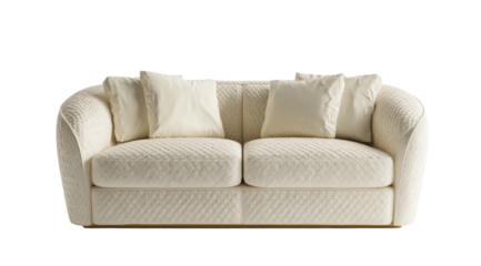 Cream-colored sofa with quilted upholstery and curved arms